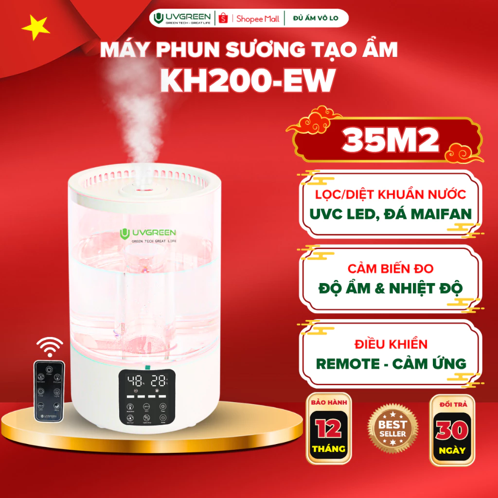 Máy Phun Sương Tạo Ẩm UVGREEN KH200 5 Lít, UVC Led, Giảm Khô Da, Dễ Ngủ, Khuếch Tán Tinh Dầu