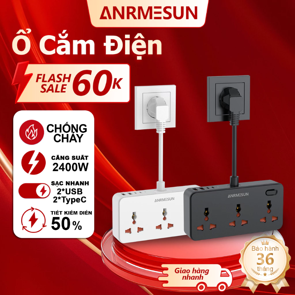 Ổ cắm Điện Đa Năng ANRMESUN 2400W Công Suấ Tích Hợp Cổng 2 USB & 2 Type-C Sạc Nhanh PD20W