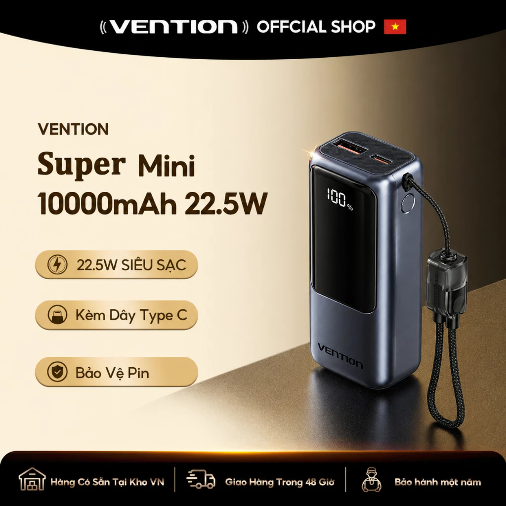 Vention Sạc dự phòng 10000mAh có dây đeo và cáp Type-C tích hợp sạc nhanh 22.5W