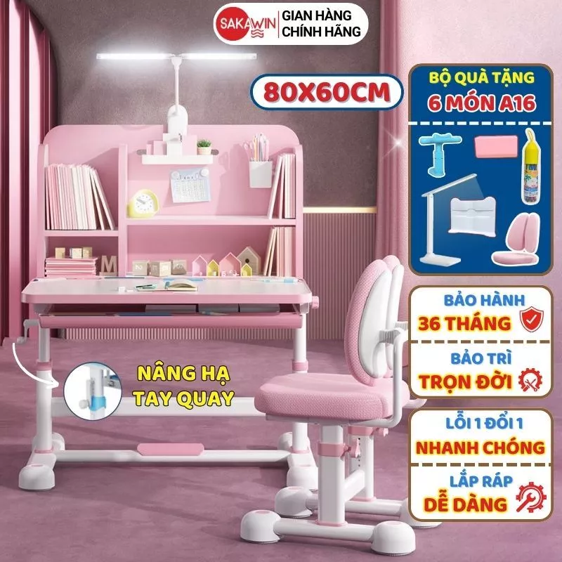 [Bản cải tiến] Bộ bàn học chống gù Sakawin A16 Cải tiến Bàn học chống gù có giá sách Nâng hạ tay quay cao cấp Tiện lợi