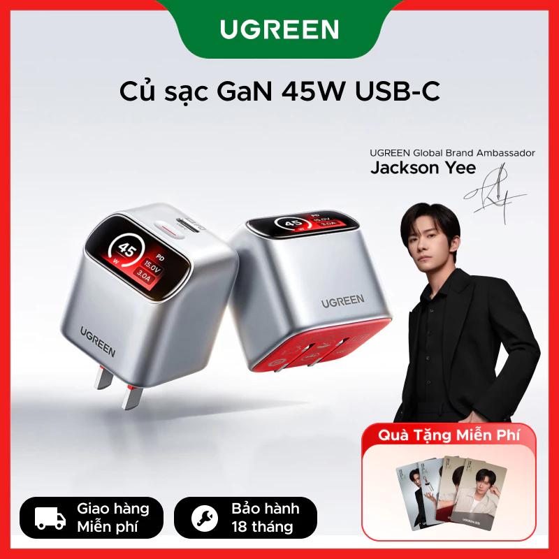 Bộ sạc GaN UGREEN Mini 45W Màn hình thông minh USB C Nexode Màn hình biểu tượng cảm xúc sạc nhanh